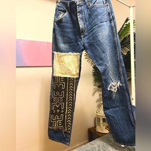 Up cycled African Mud Cloth Wrangler Boyfriend Jeans